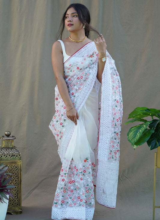 Contemporary Organza White Embroidered Saree