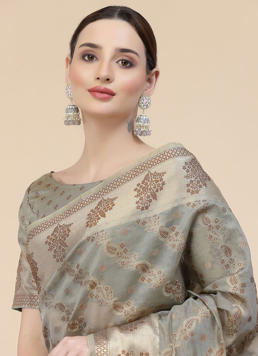 Trendy Saree Organza Grey Patch Border Saree