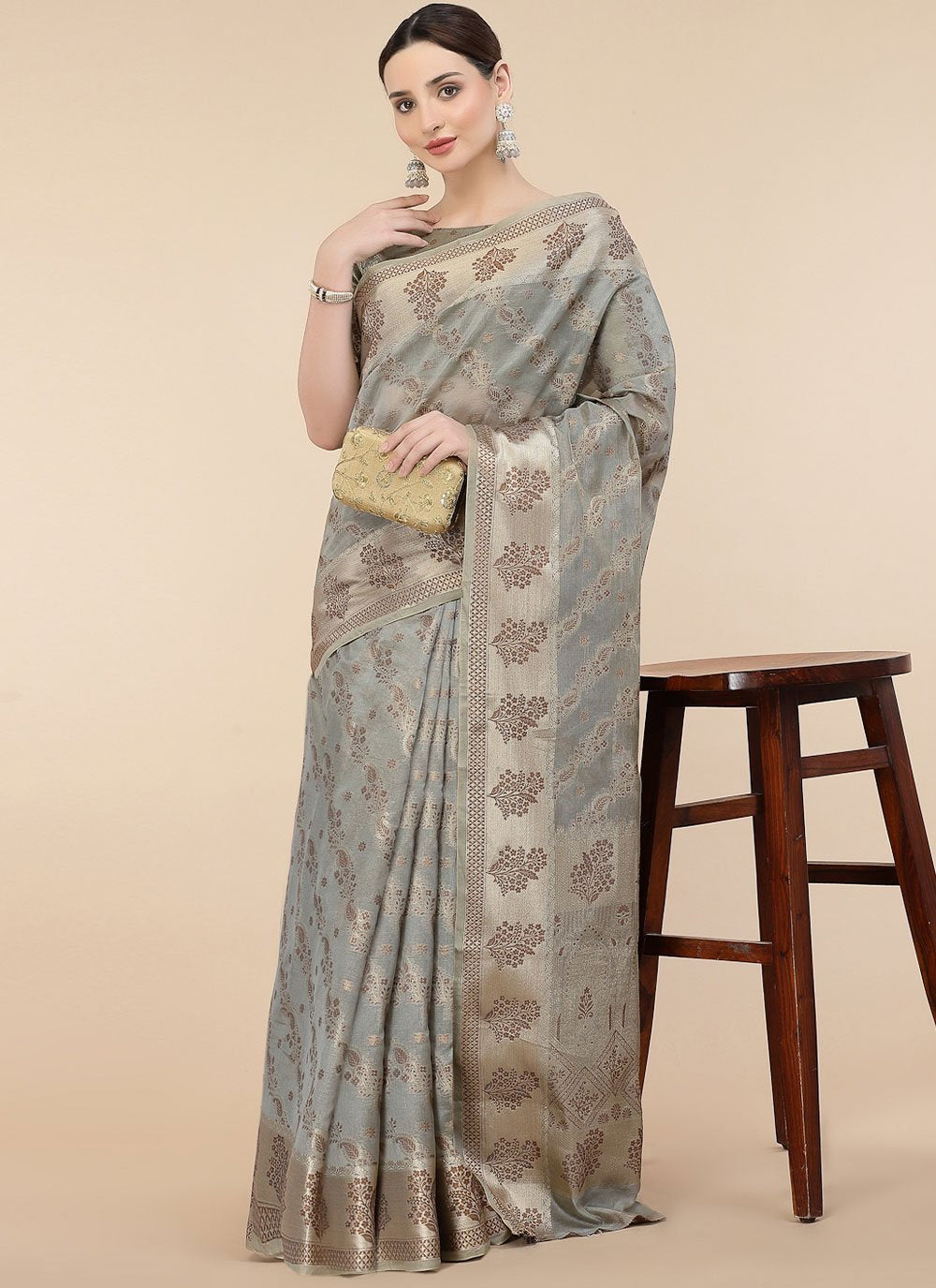 Trendy Saree Organza Grey Patch Border Saree