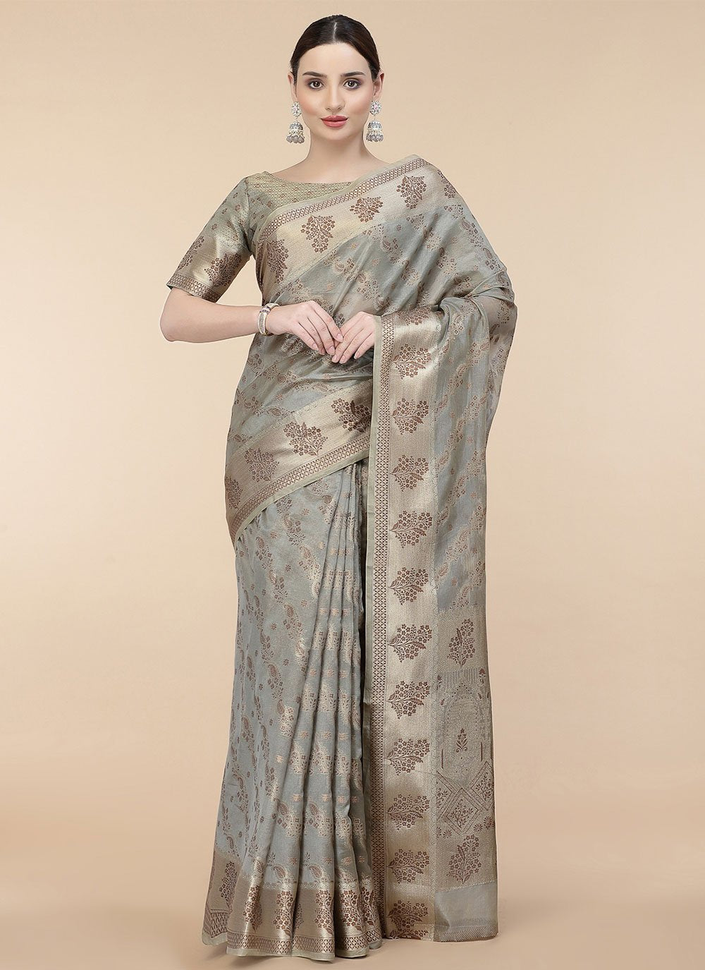 Trendy Saree Organza Grey Patch Border Saree