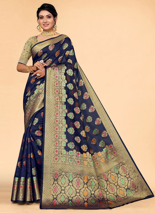 Classic Organza Blue Patch Border Saree