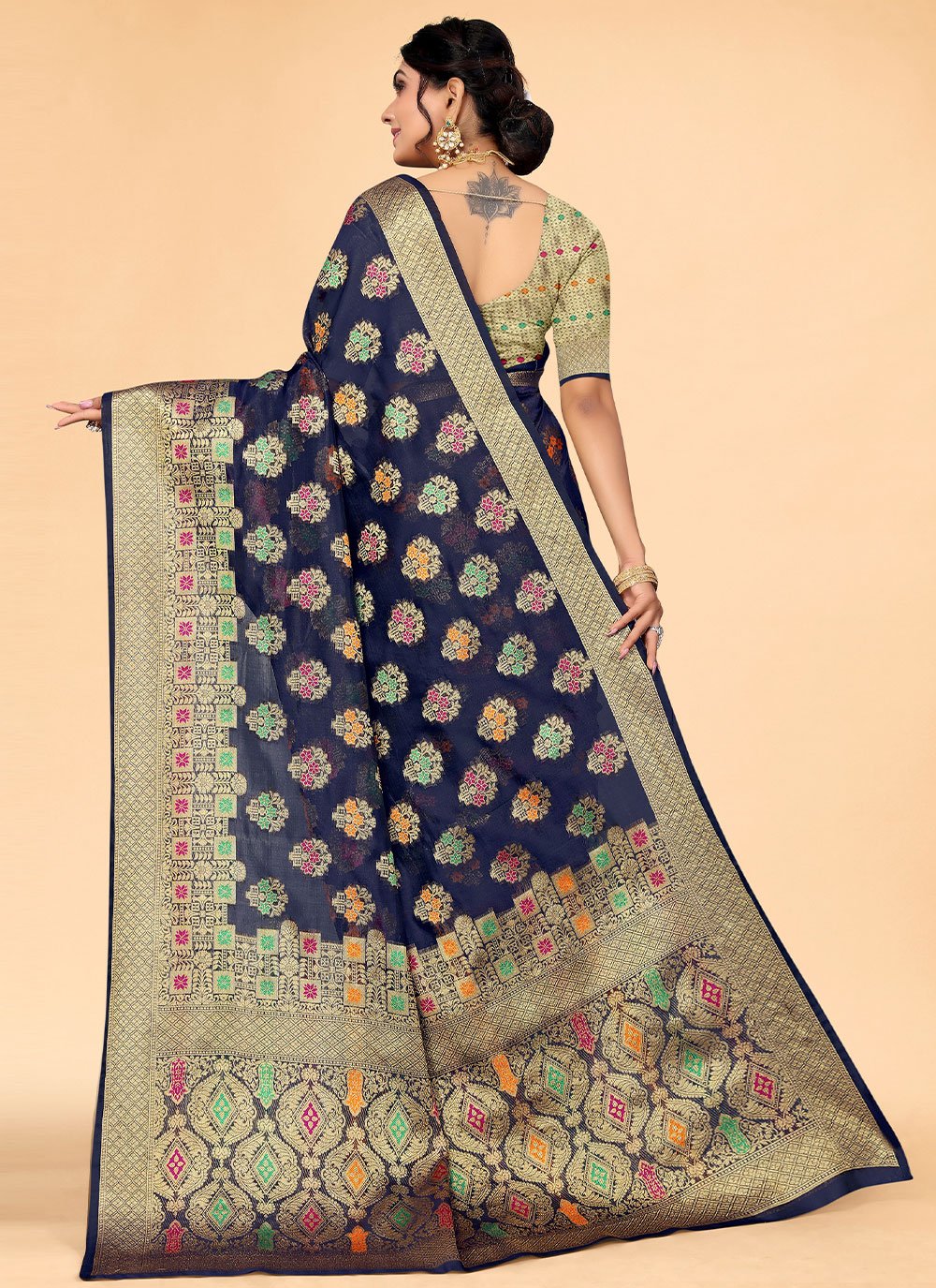 Classic Organza Blue Patch Border Saree