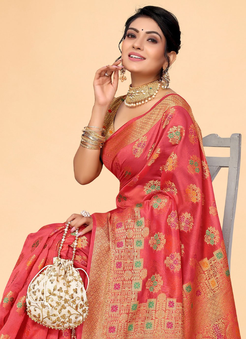 Contemporary Organza Pink Patch Border Saree