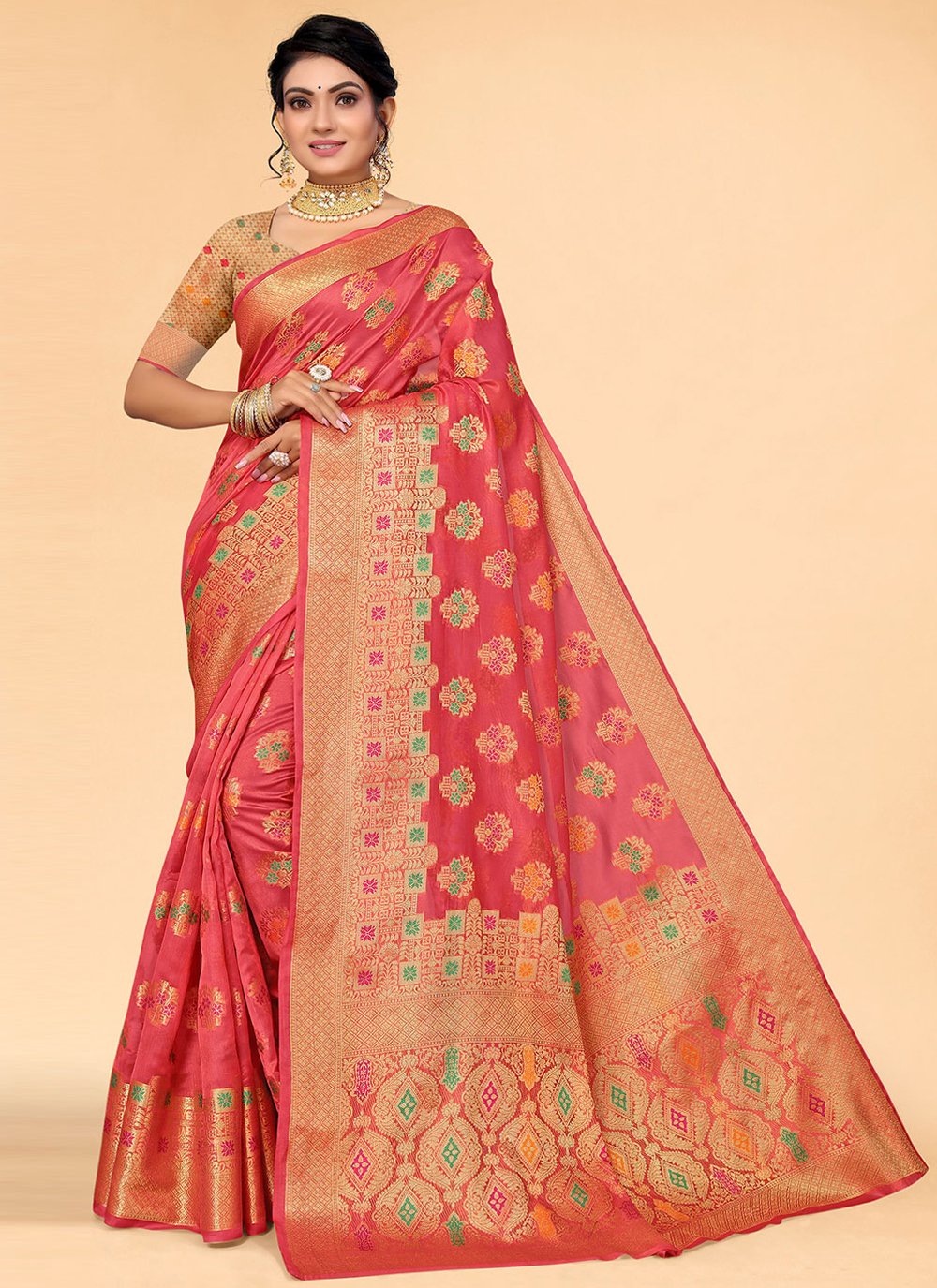 Contemporary Organza Pink Patch Border Saree