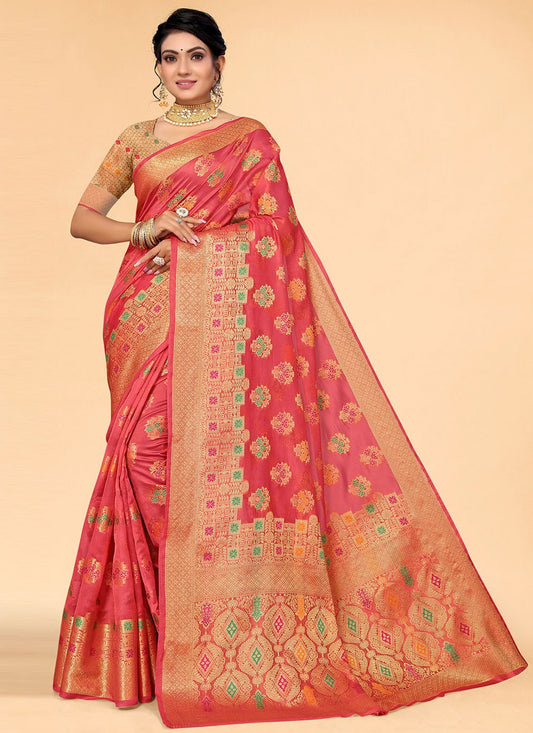 Contemporary Organza Pink Patch Border Saree