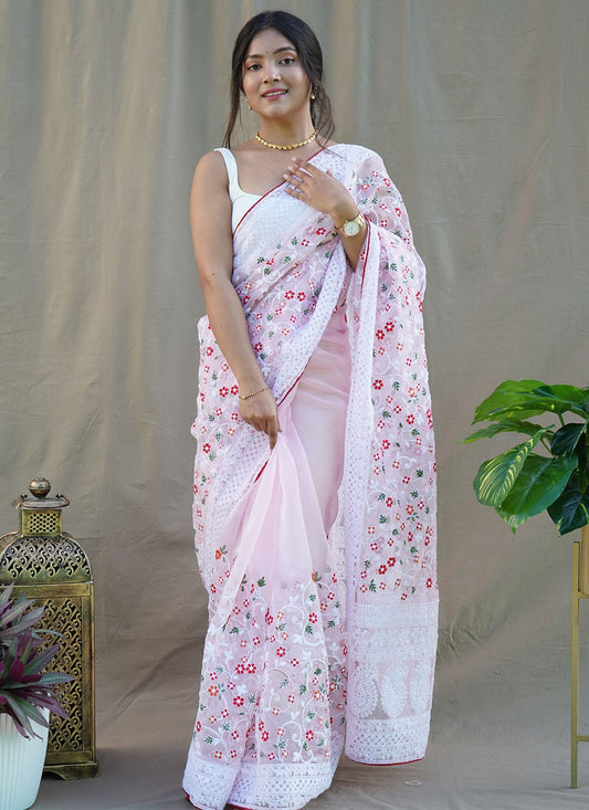 Trendy Saree Organza Pink Embroidered Saree