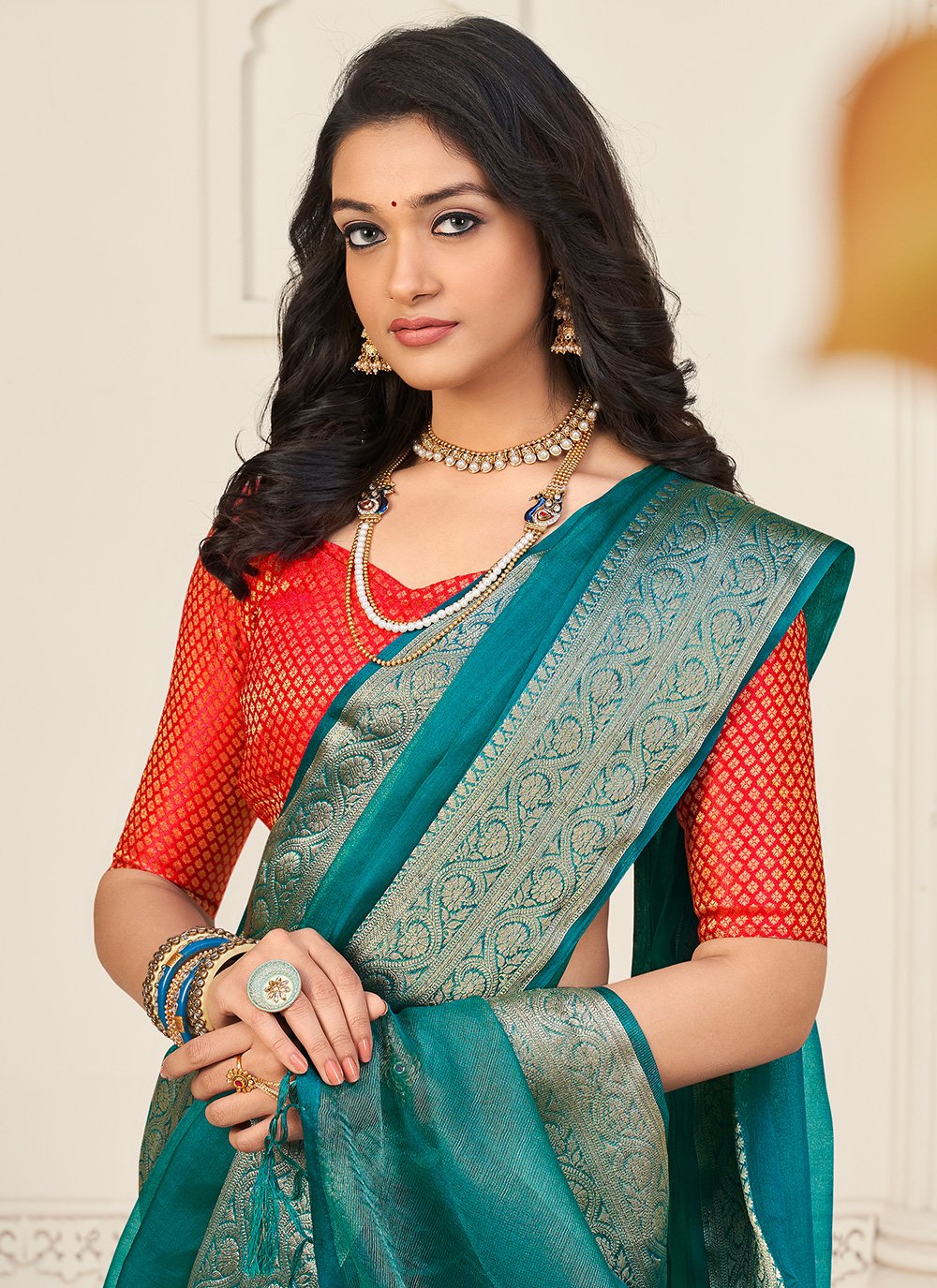 Classic Organza Turquoise Patch Border Saree