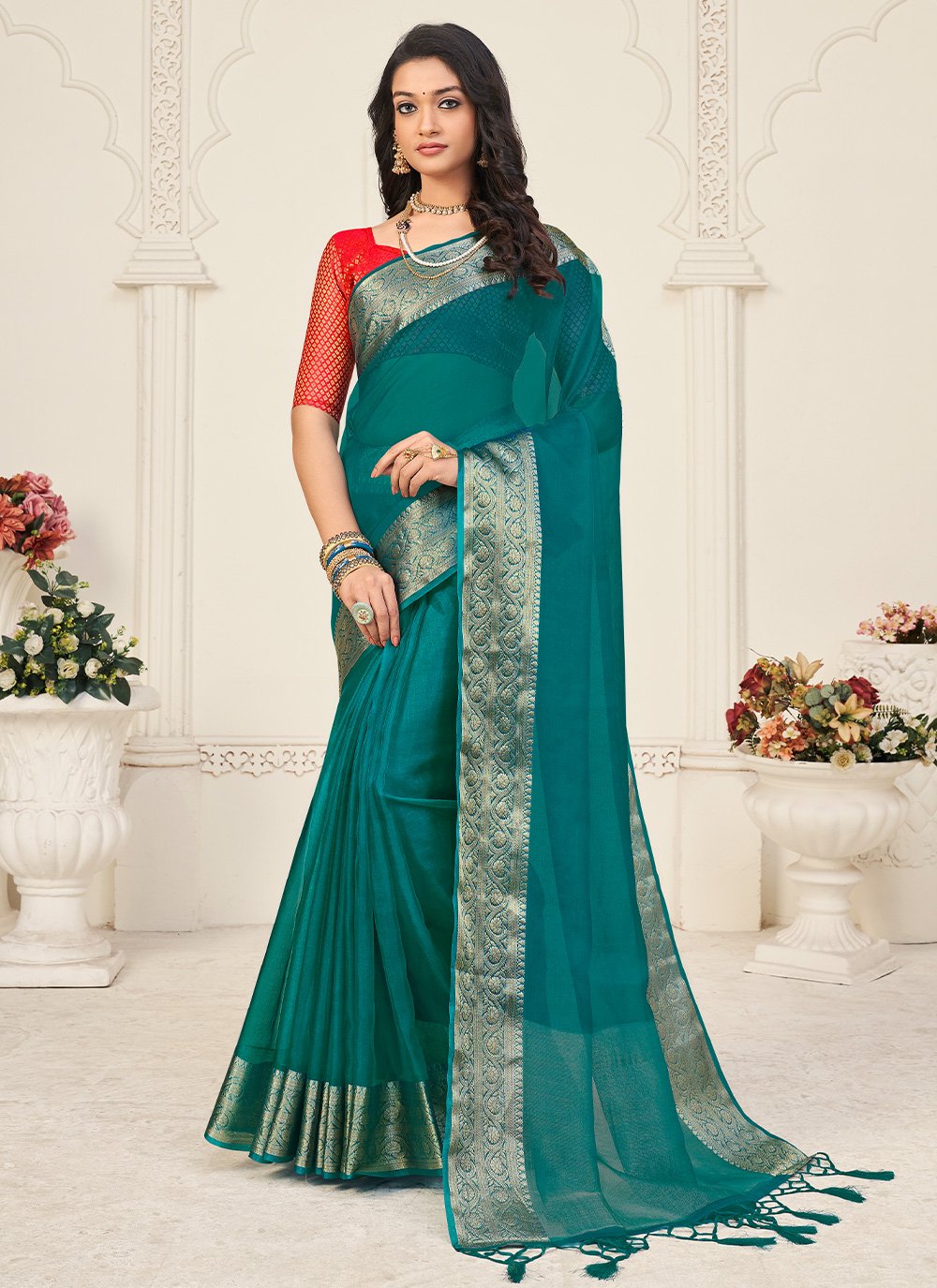 Classic Organza Turquoise Patch Border Saree