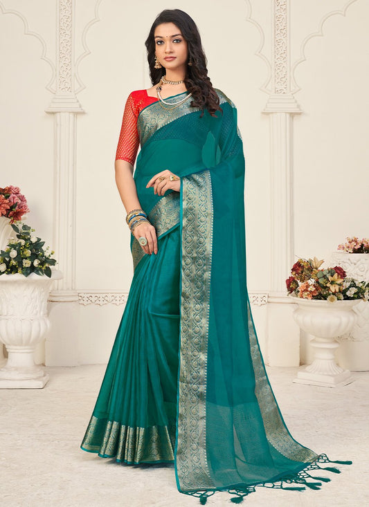 Classic Organza Turquoise Patch Border Saree