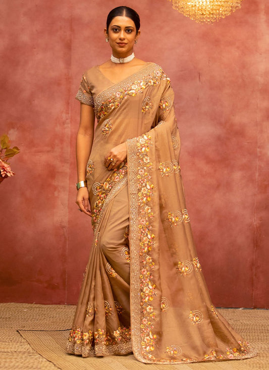 Classic Net Organza Brown Embroidered Saree