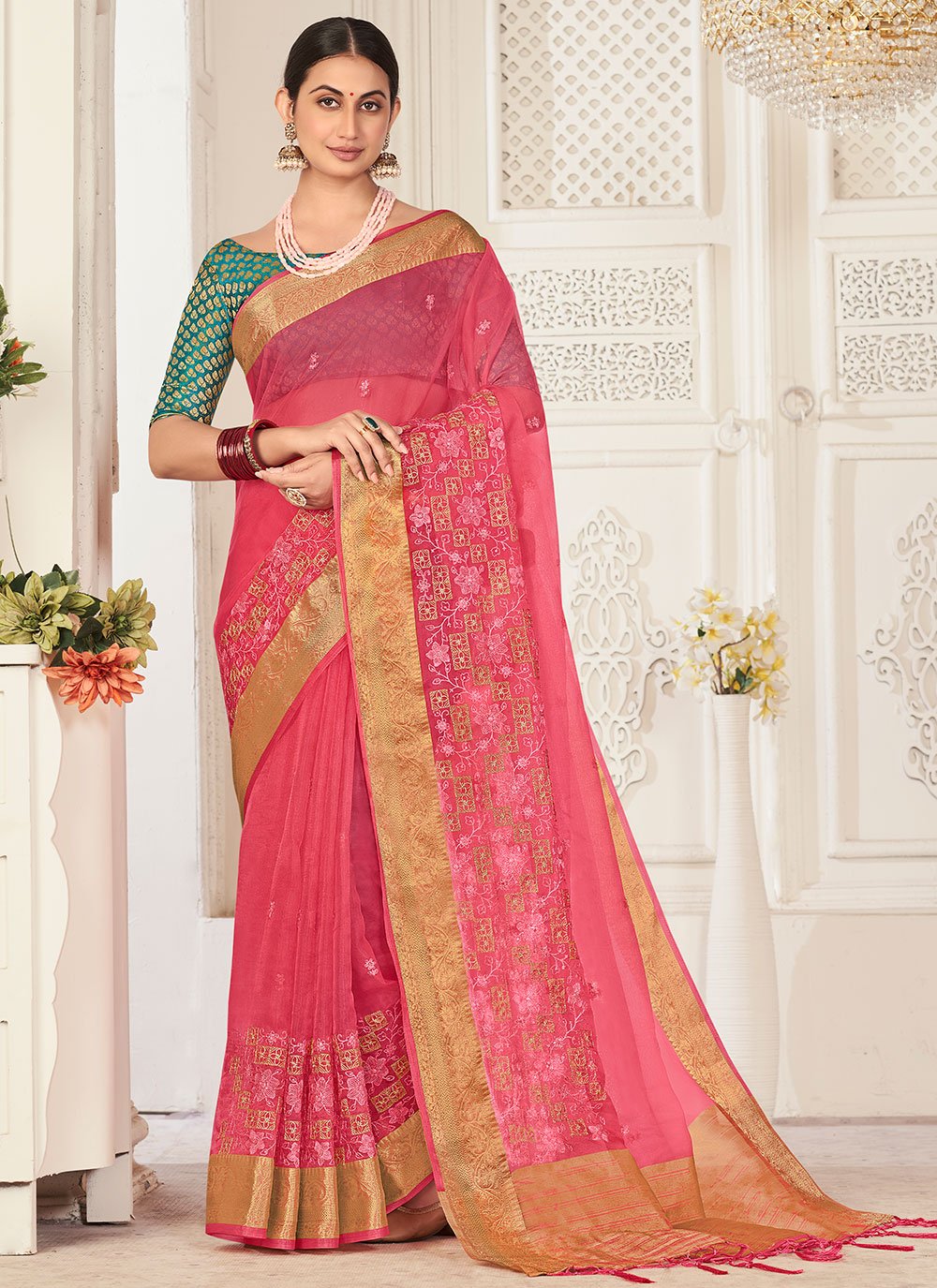 Classic Organza Pink Embroidered Saree