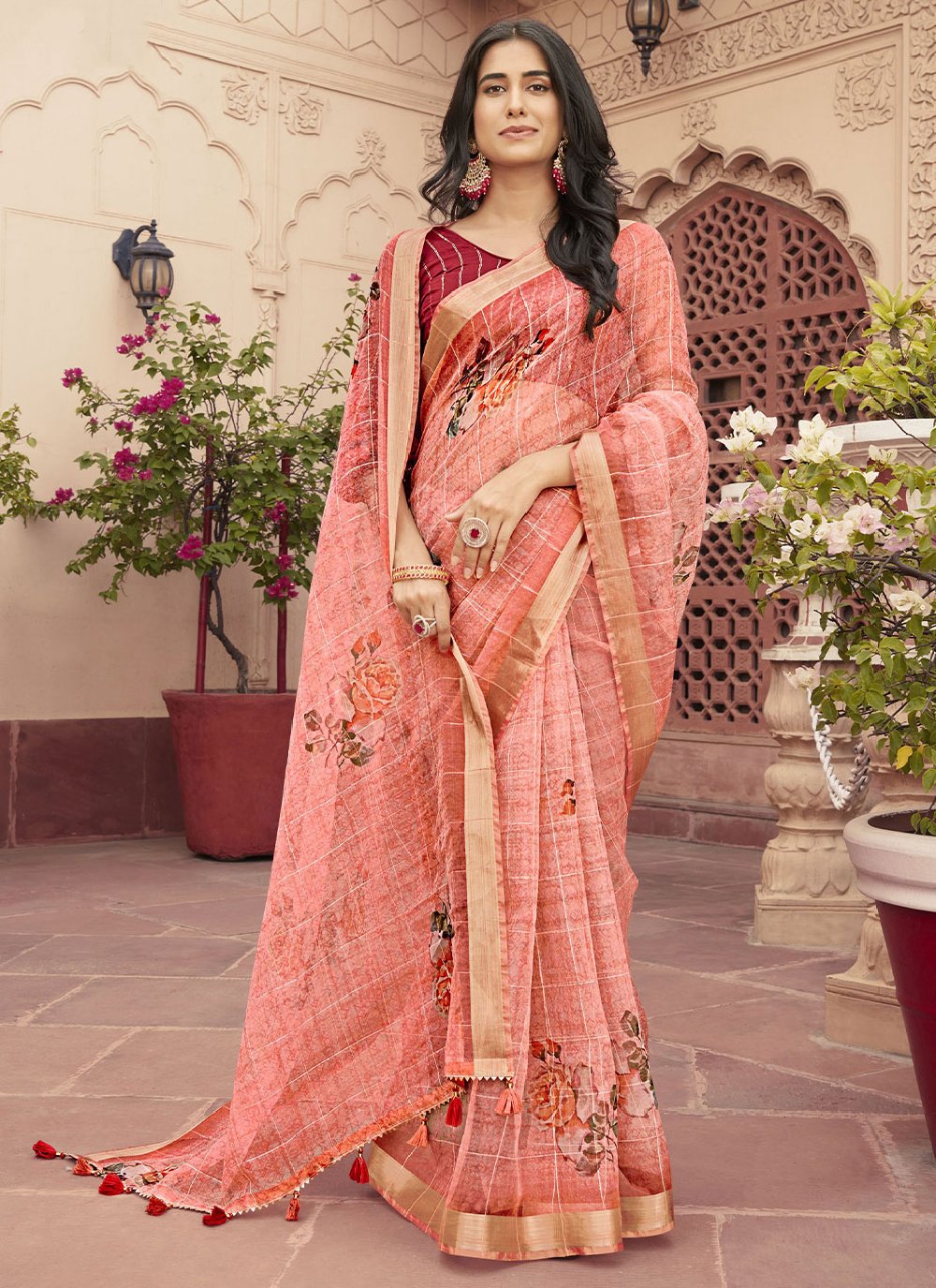 Classic Designer Organza Peach Print Saree