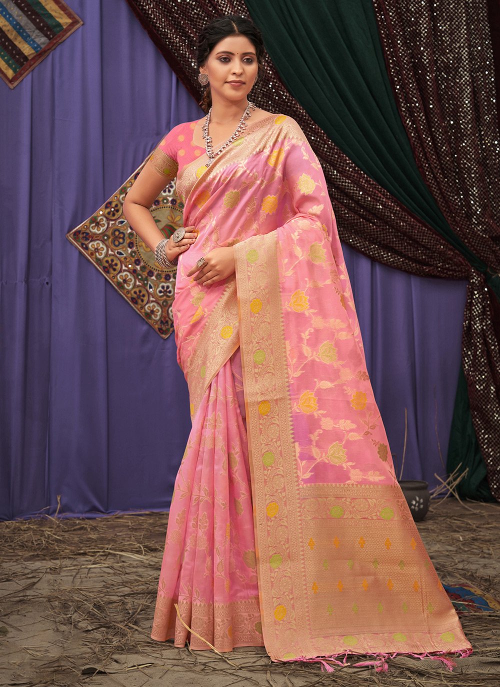 Classic Organza Pink Embroidered Saree