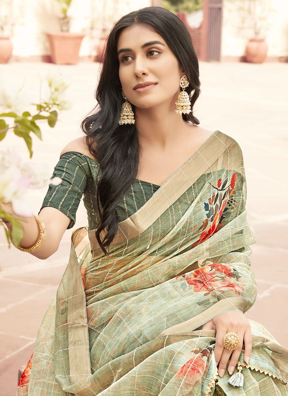 Designer Trendy Saree Organza Sea Green Print Saree