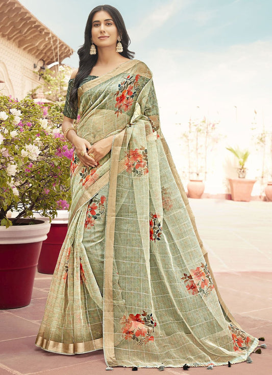 Designer Trendy Saree Organza Sea Green Print Saree