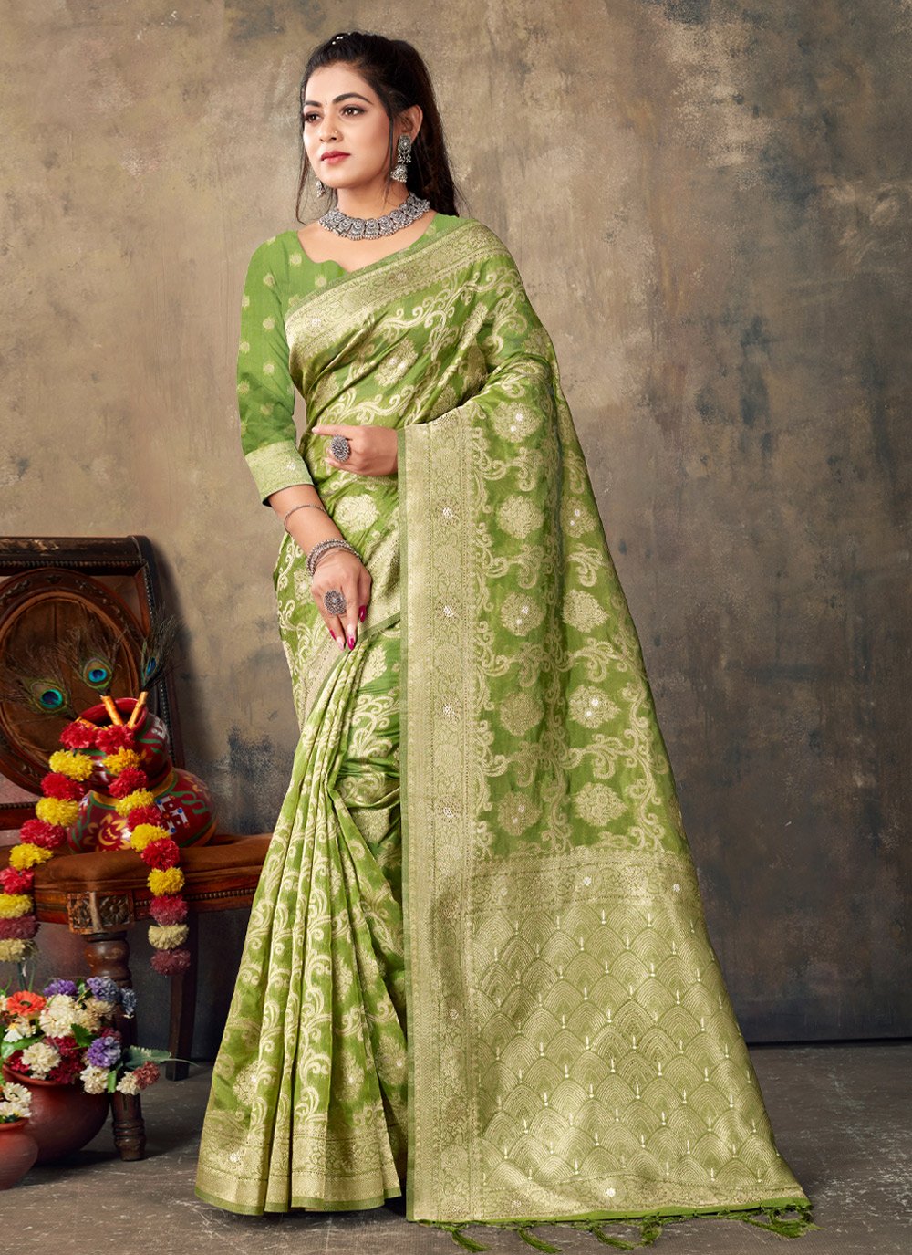 Designer Organza Green Embroidered Saree