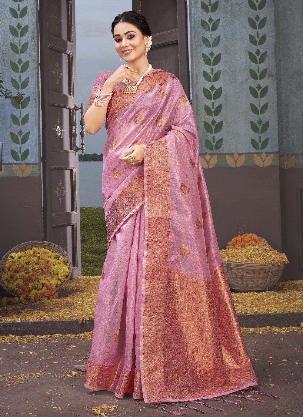 Classic Organza Pink Fancy Work Saree