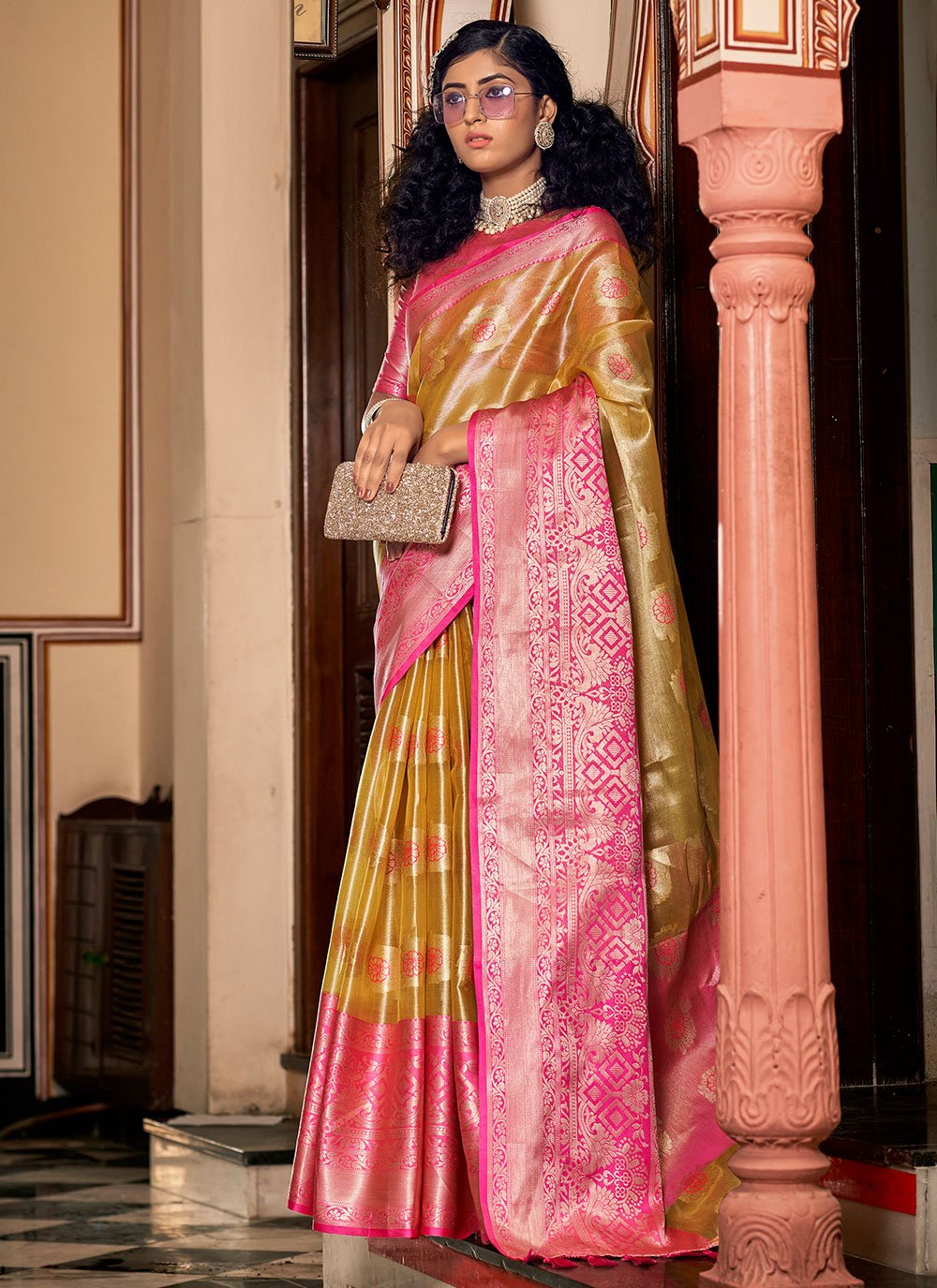 Classic Organza Mustard Jacquard Work Saree