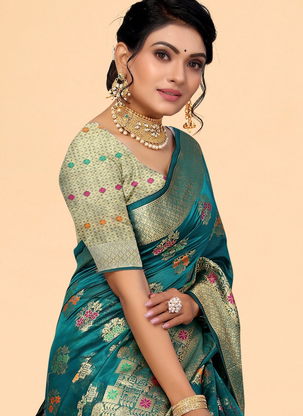 Classic Organza Teal Patch Border Saree