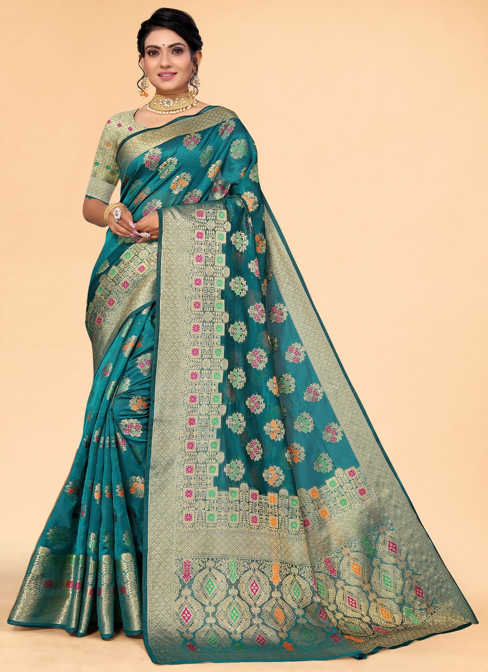 Classic Organza Teal Patch Border Saree