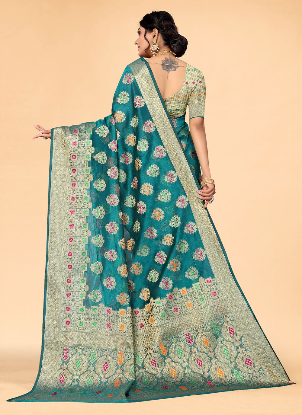 Classic Organza Teal Patch Border Saree