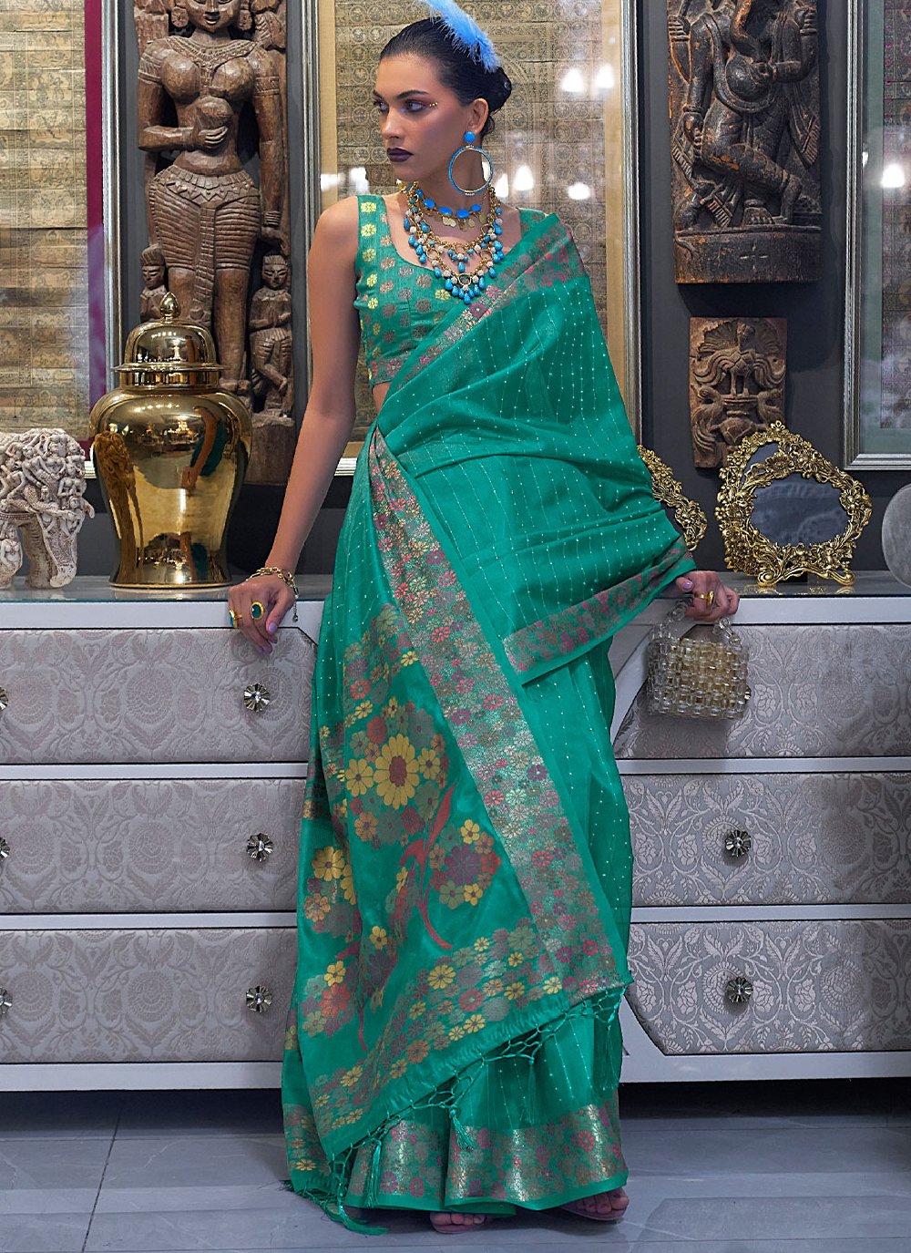 Classic Organza Turquoise Weaving Saree