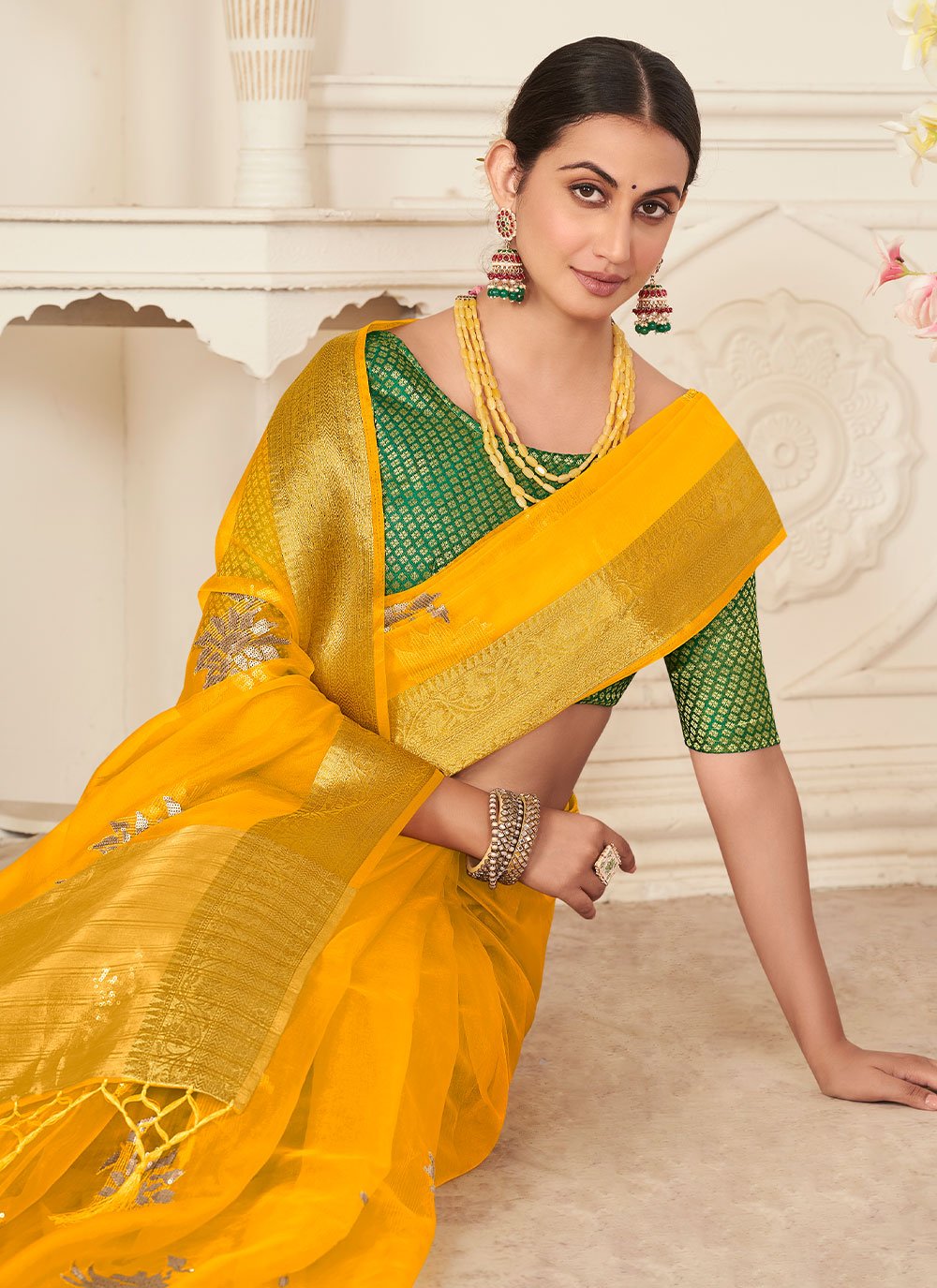 Classic Organza Yellow Embroidered Saree