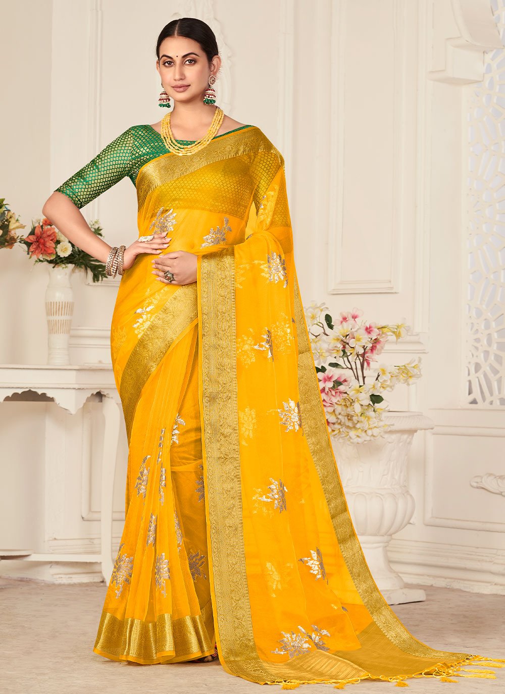 Classic Organza Yellow Embroidered Saree