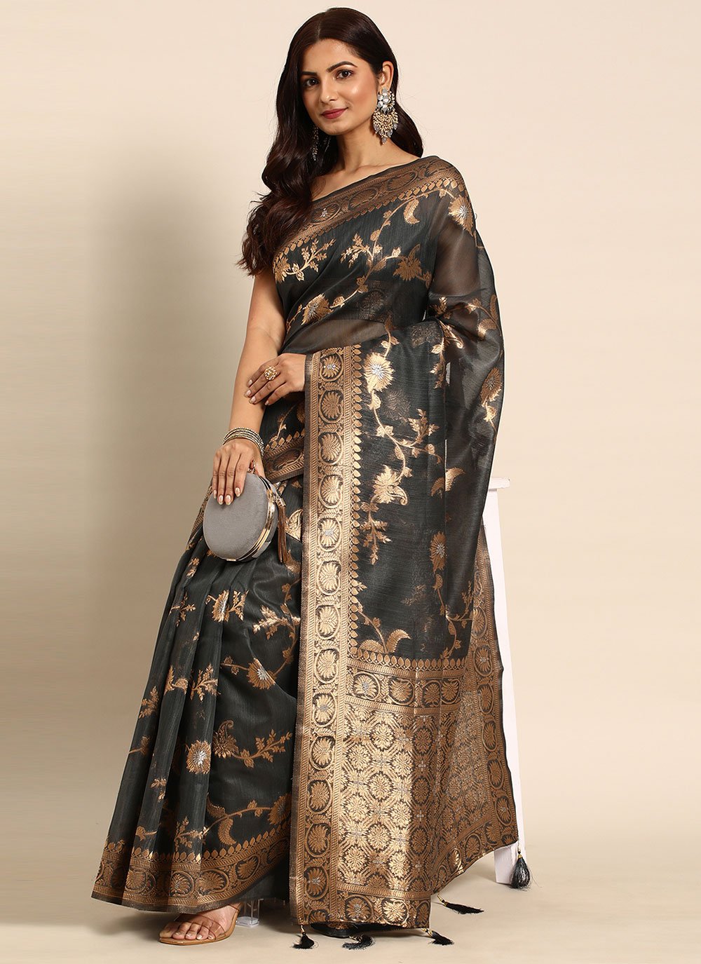 Classic Organza Black Woven Saree