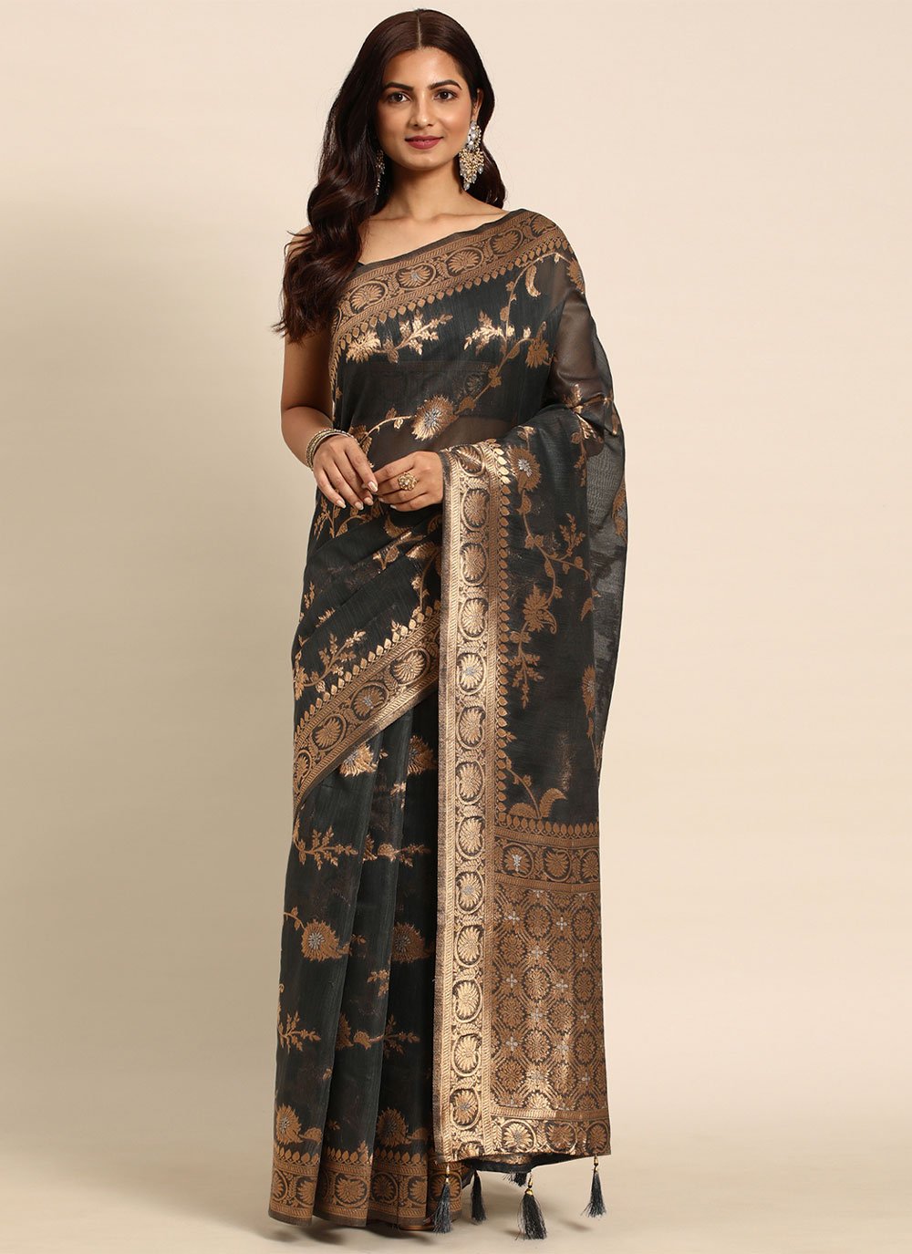 Classic Organza Black Woven Saree