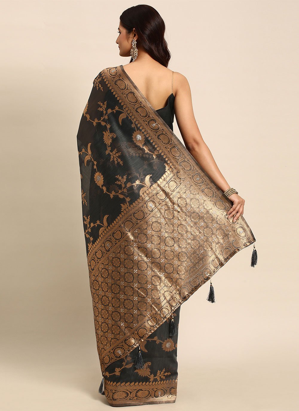 Classic Organza Black Woven Saree