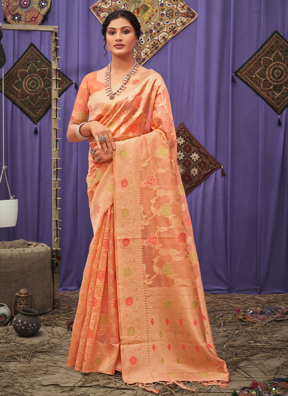 Classic Organza Peach Embroidered Saree