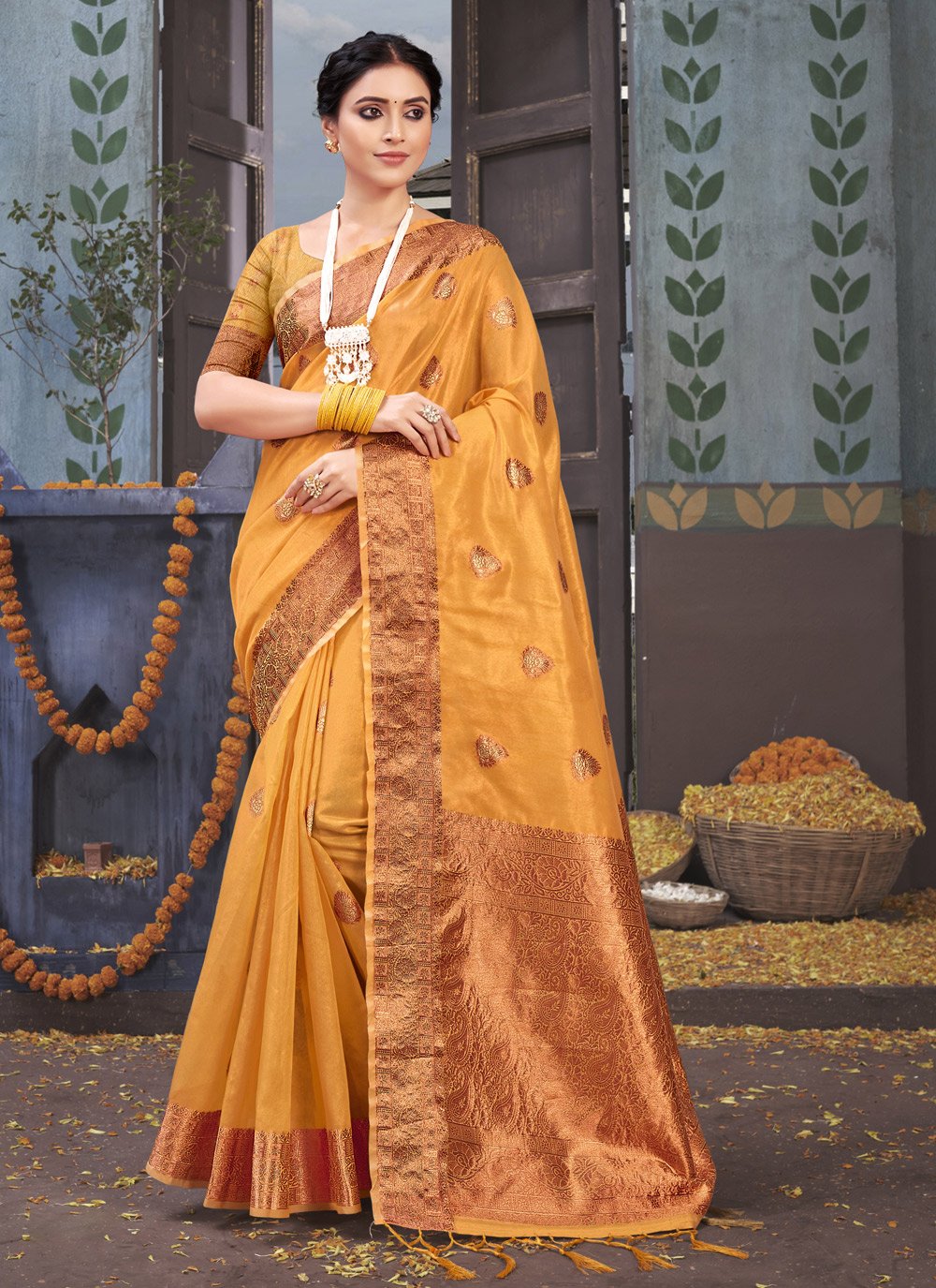 Classic Organza Yellow Fancy Work Saree