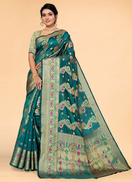 Contemporary Organza Teal Woven Saree