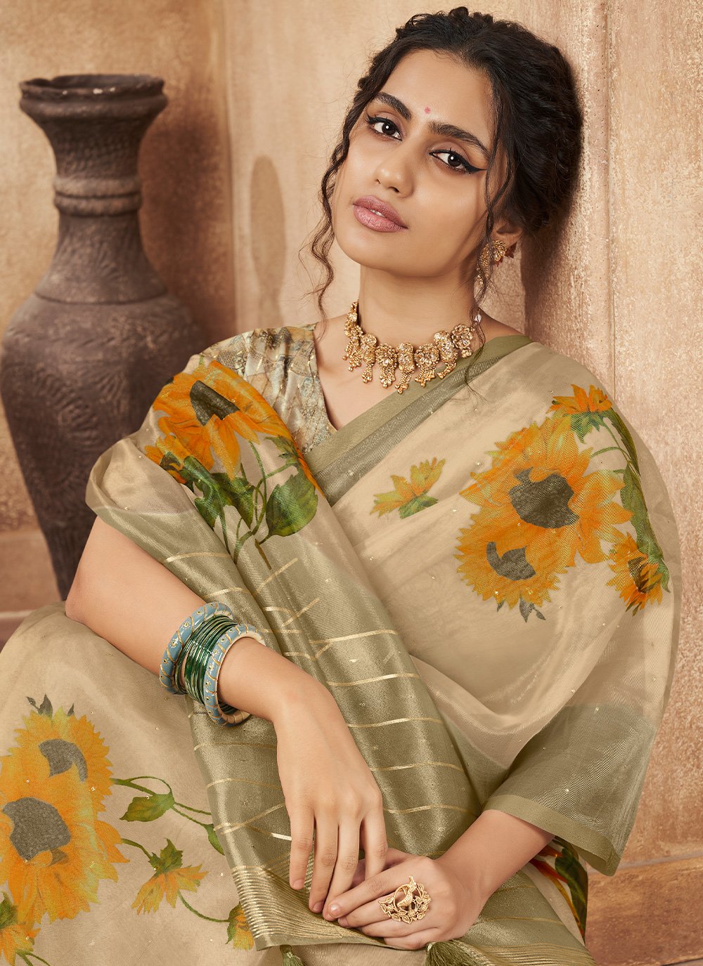 Contemporary Organza Sea Green Digital Print Saree