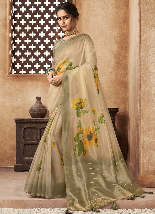 Contemporary Organza Sea Green Digital Print Saree