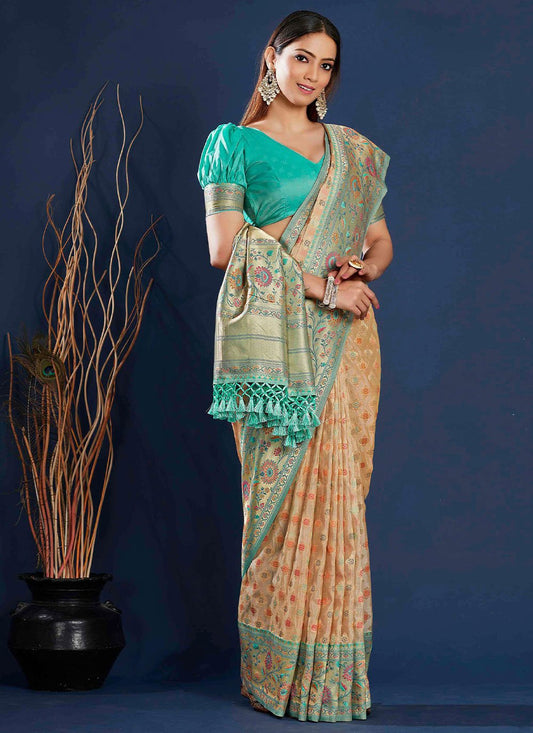 Contemporary Organza Aqua Blue Orange Weaving Saree