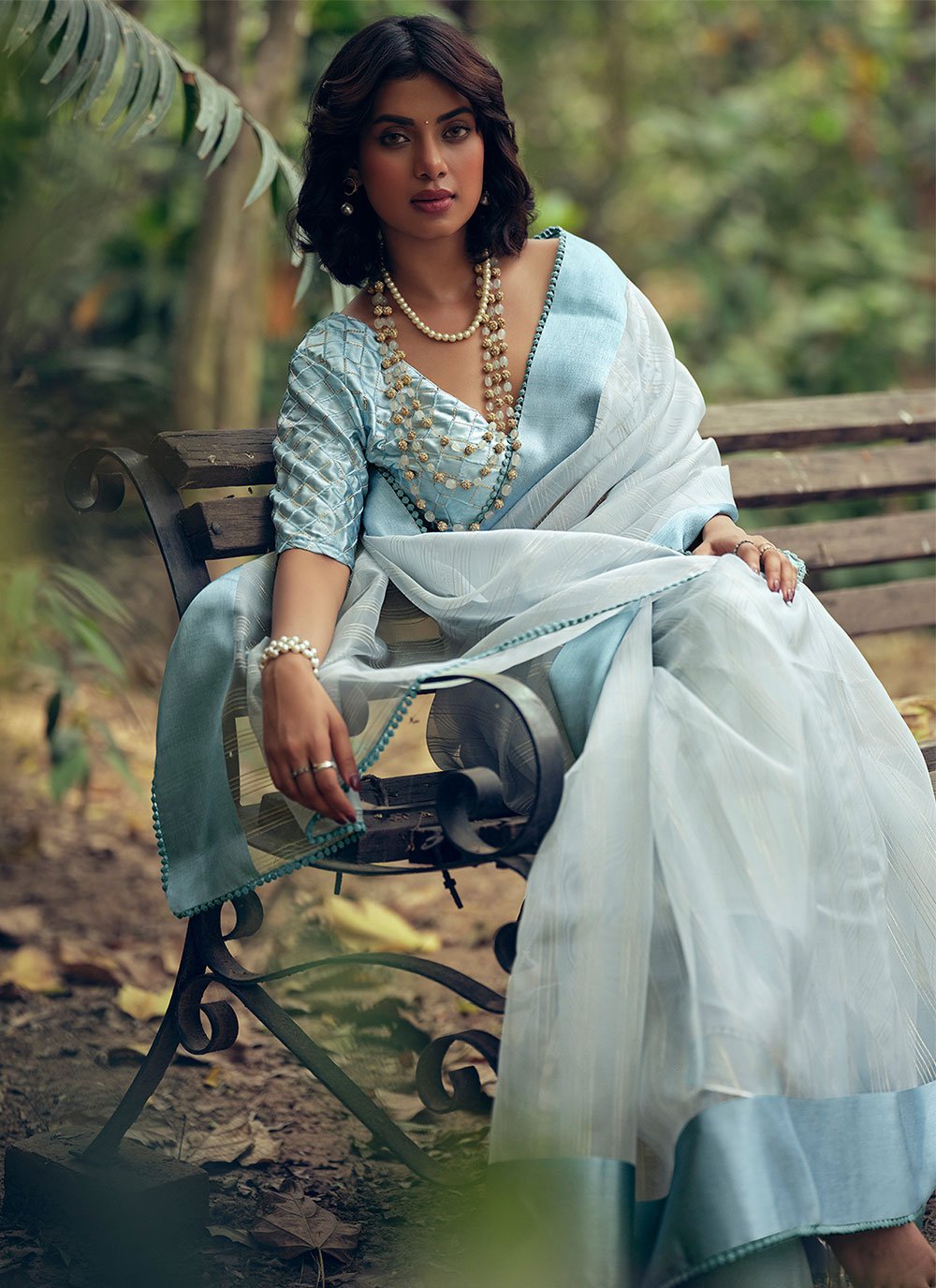 Contemporary Organza Aqua Blue Woven Saree