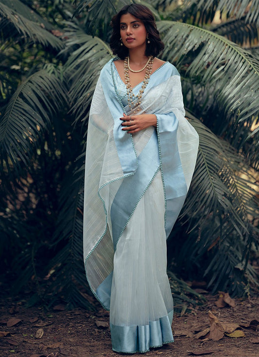 Contemporary Organza Aqua Blue Woven Saree