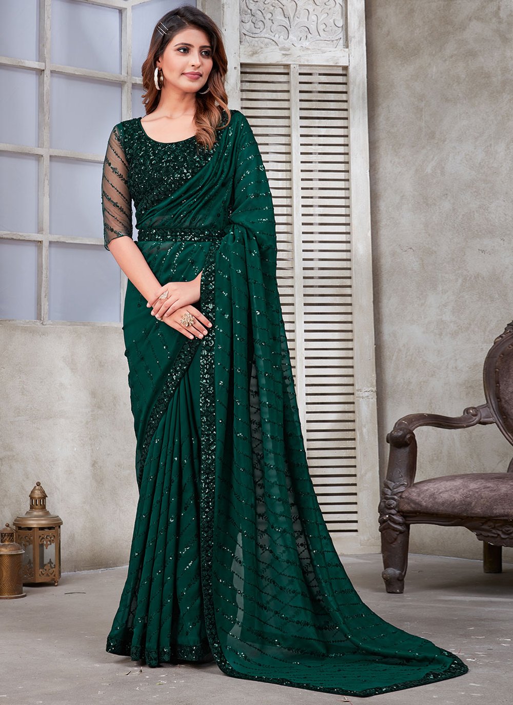 Contemporary Organza Satin Green Patch Border Saree