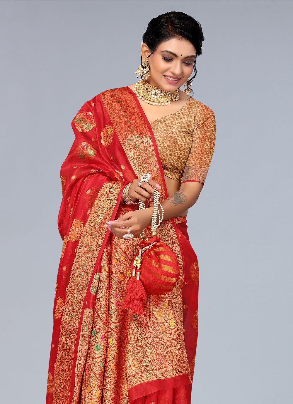 Contemporary Organza Red Woven Saree