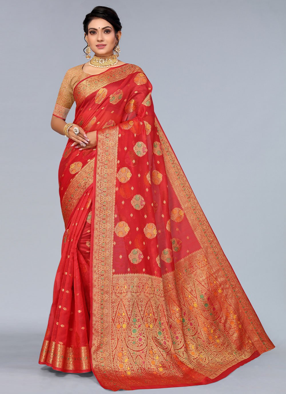 Contemporary Organza Red Woven Saree