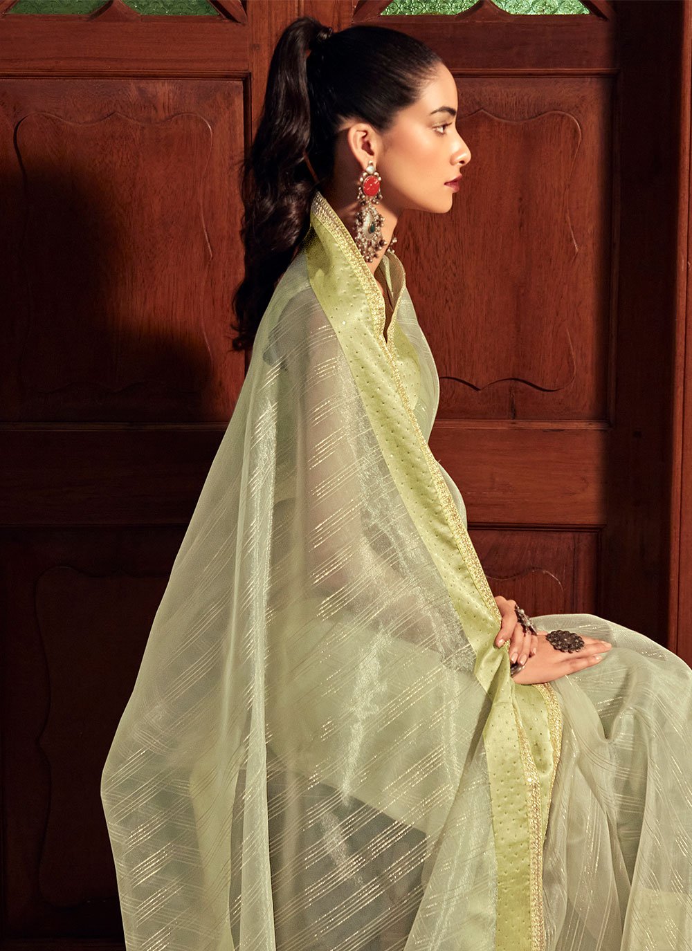 Contemporary Organza Sea Green Lace Saree