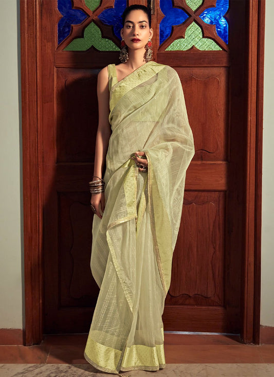 Contemporary Organza Sea Green Lace Saree