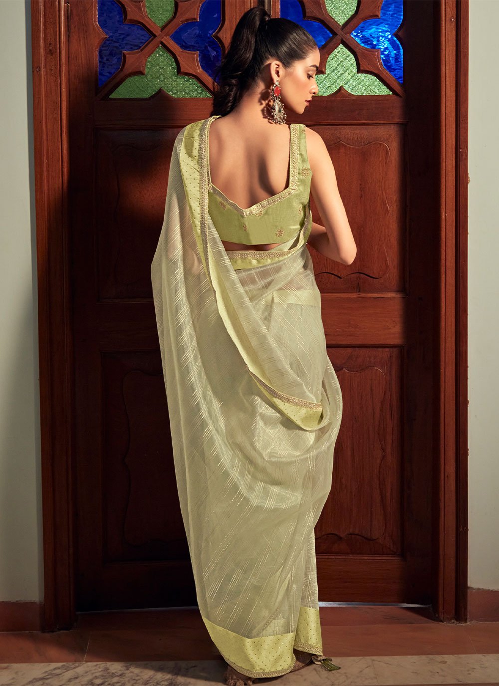 Contemporary Organza Sea Green Lace Saree