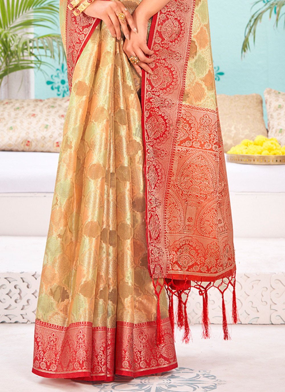 Designer Organza Cream Red Embroidered Saree