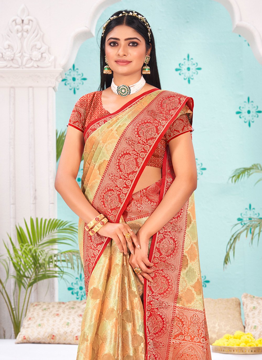 Designer Organza Cream Red Embroidered Saree