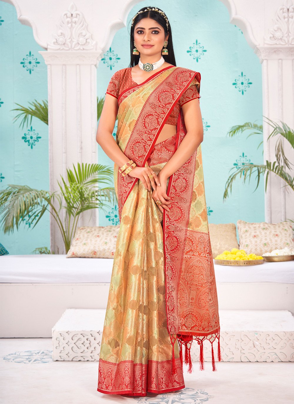 Designer Organza Cream Red Embroidered Saree