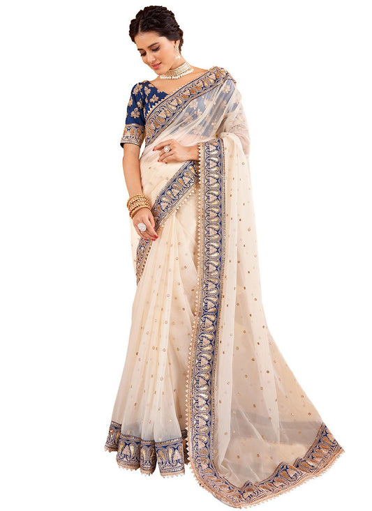 Trendy Saree Net Organza Cream Embroidered Saree