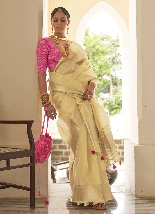 Classic Organza Cream Plain Saree